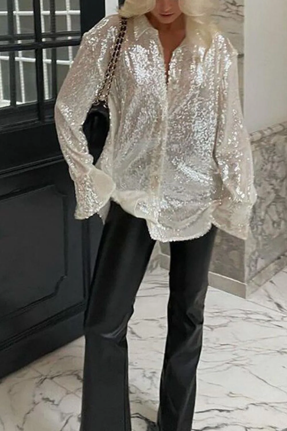Sequin Button Up Long Sleeve Shirt - Image 10