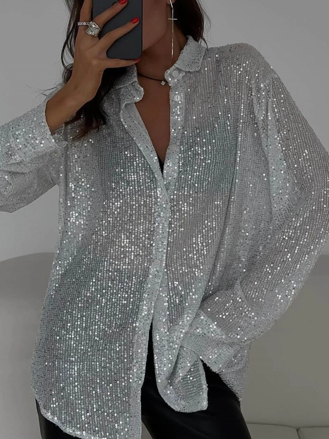 Sequin Button Up Long Sleeve Shirt - Image 6