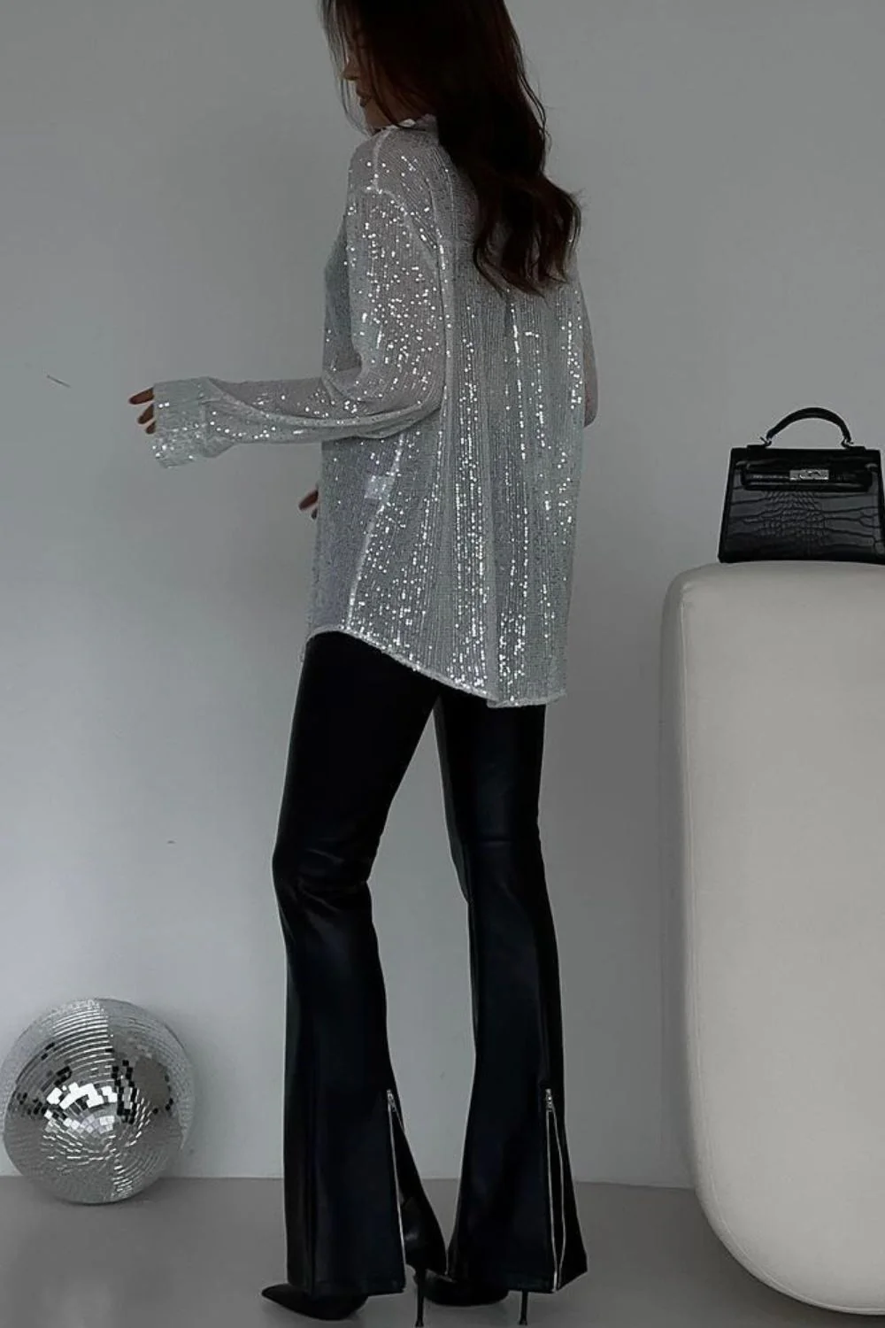 Sequin Button Up Long Sleeve Shirt - Image 8