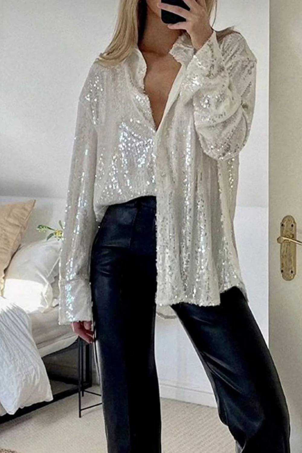 Sequin Button Up Long Sleeve Shirt - Image 9