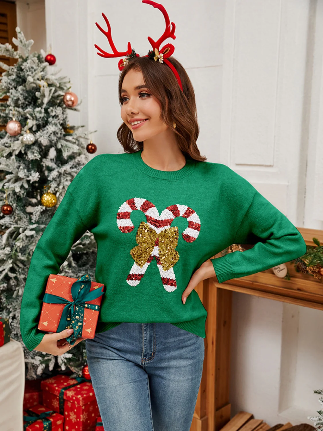 Sequin Candy Cane Round Neck Long Sleeve Sweater - Image 5