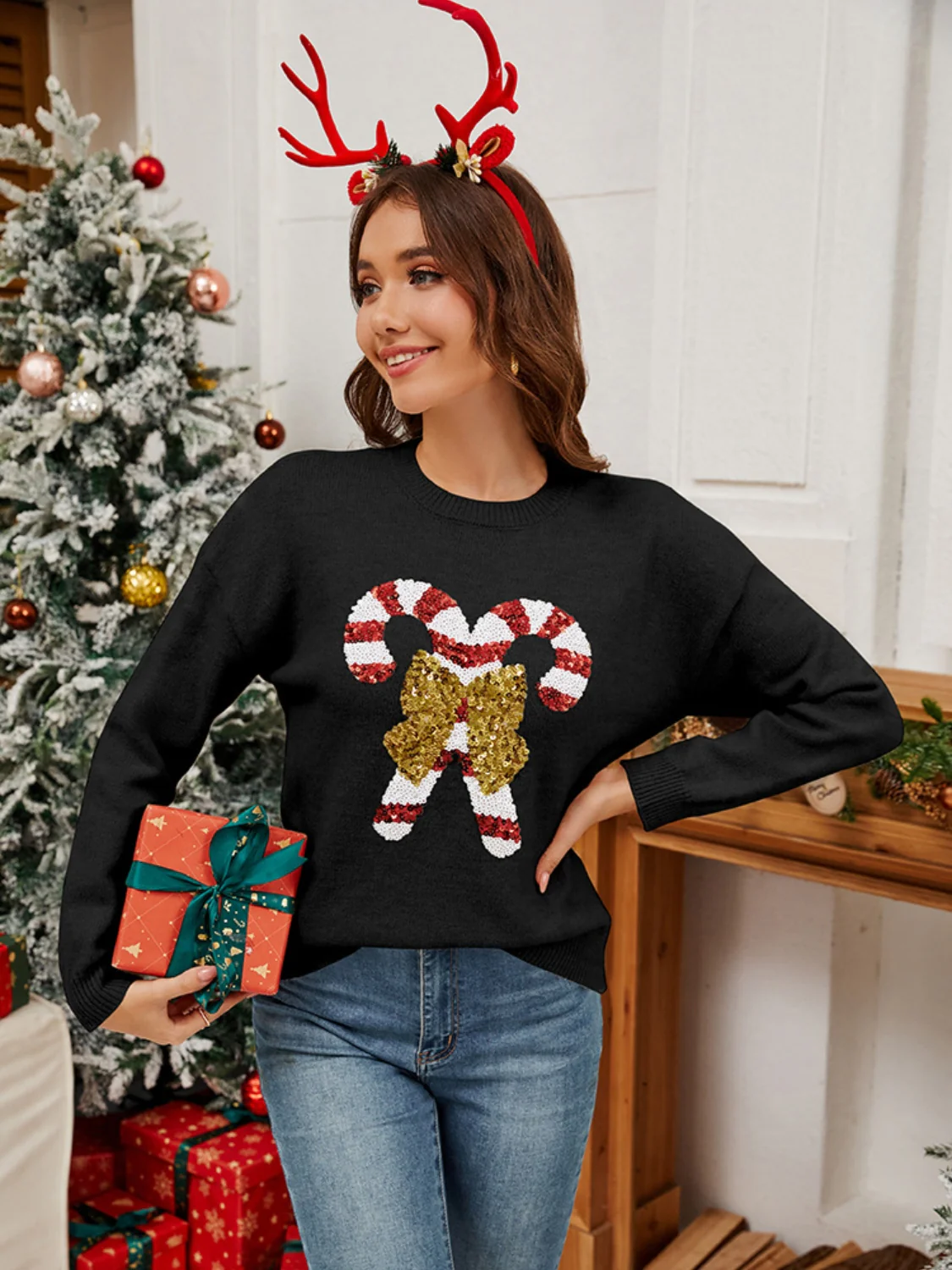 Sequin Candy Cane Round Neck Long Sleeve Sweater - Image 7