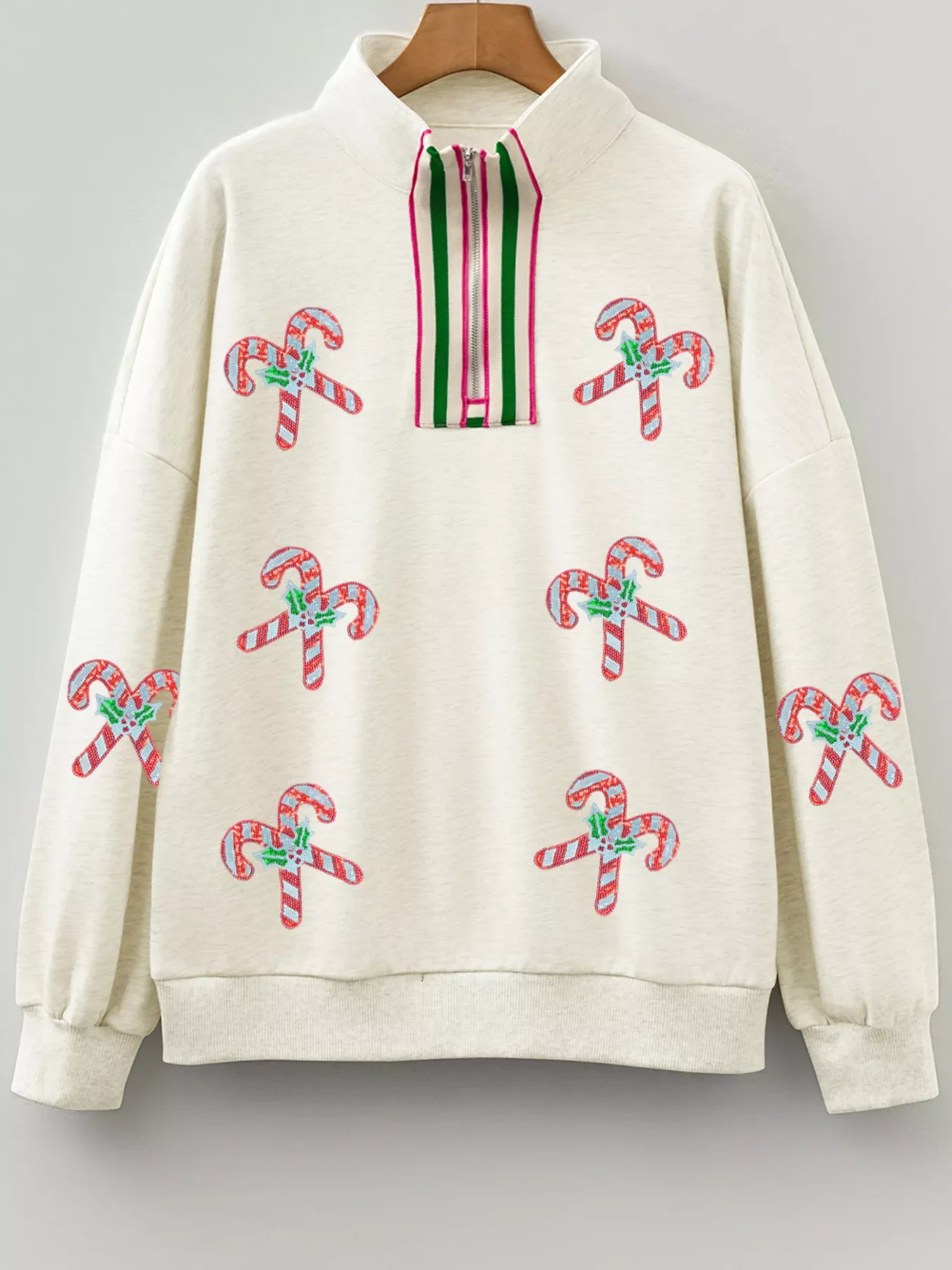 Sequin Candy Canes Contrast Collar Patchwork Loose Sweatshirt - Image 2