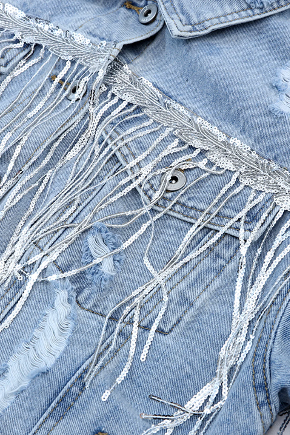 Sequin Fringe Trim Distressed Button Up Denim Jacket - Image 10