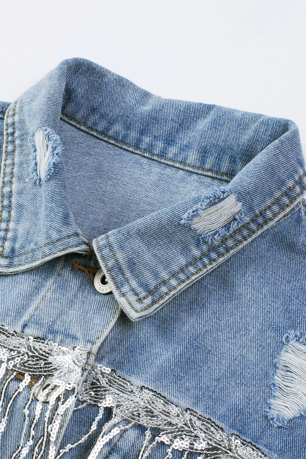 Sequin Fringe Trim Distressed Button Up Denim Jacket - Image 12