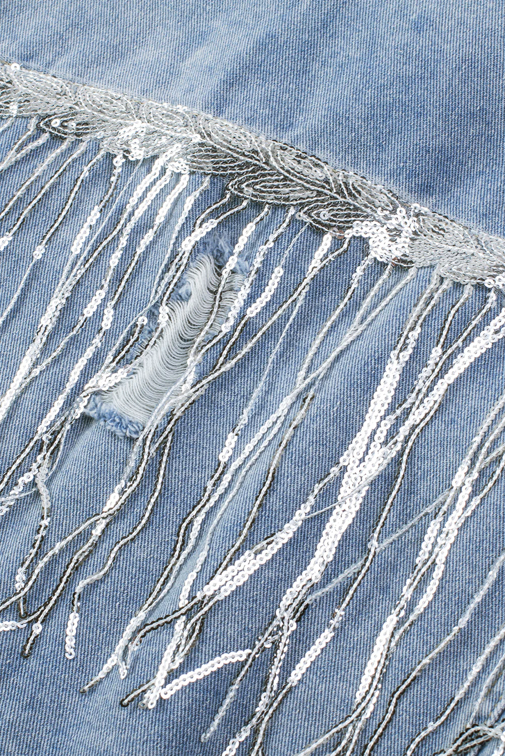 Sequin Fringe Trim Distressed Button Up Denim Jacket - Image 13