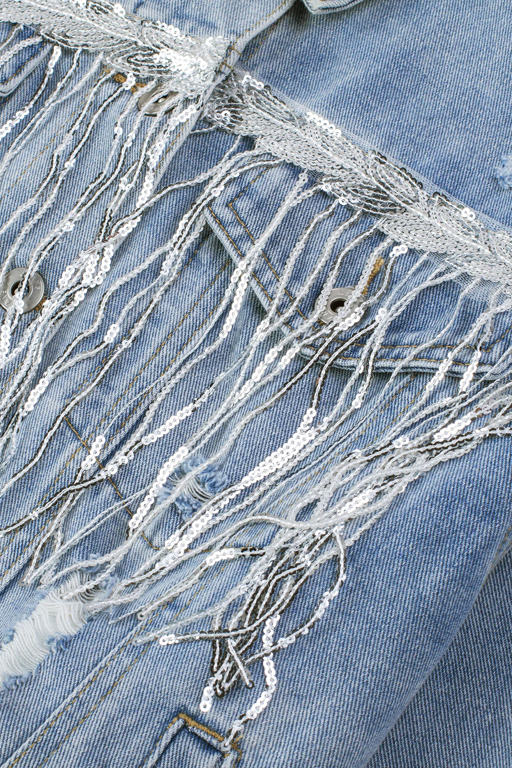 Sequin Fringe Trim Distressed Button Up Denim Jacket - Image 15