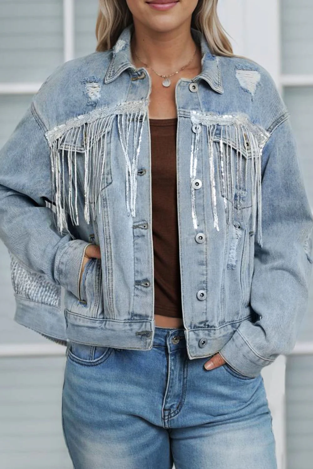 Sequin Fringe Trim Distressed Button Up Denim Jacket - Image 2