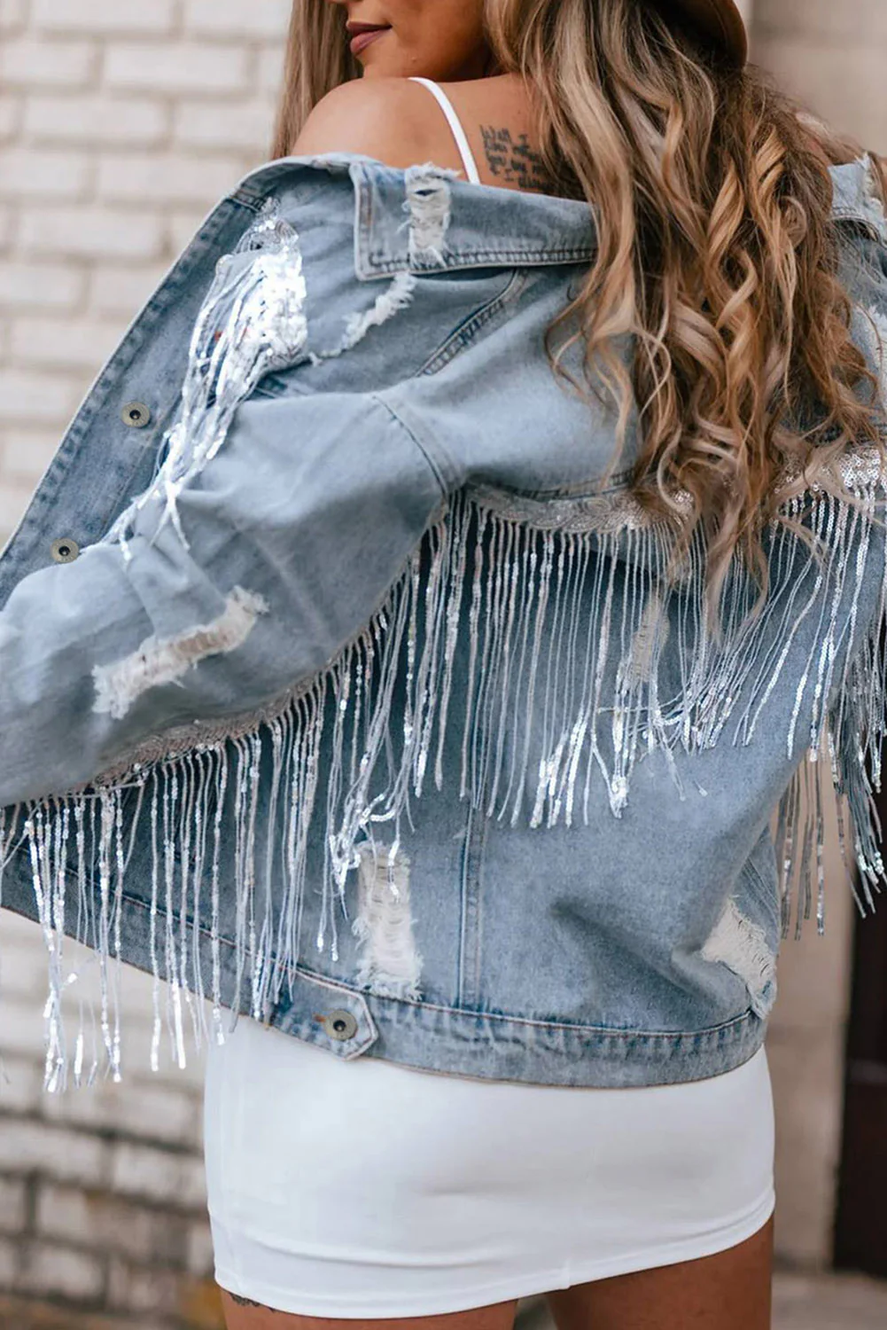 Sequin Fringe Trim Distressed Button Up Denim Jacket - Image 5