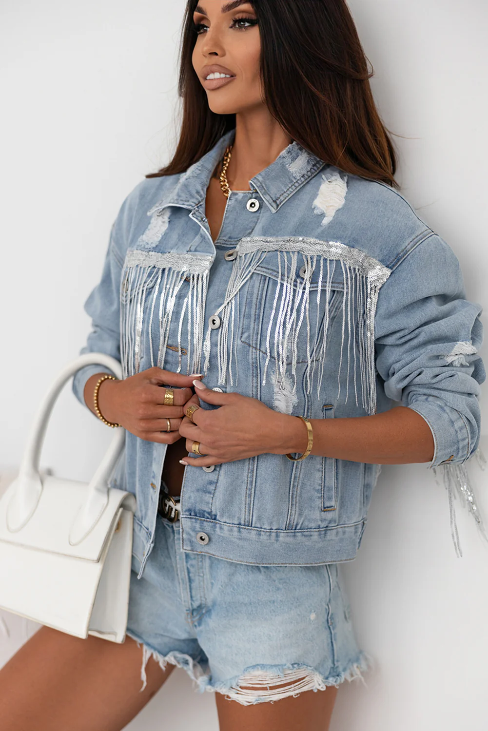 Sequin Fringe Trim Distressed Button Up Denim Jacket - Image 6