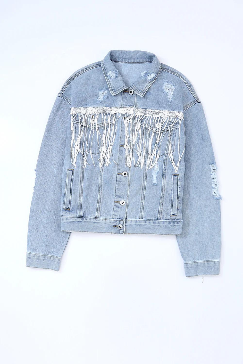 Sequin Fringe Trim Distressed Button Up Denim Jacket - Image 7
