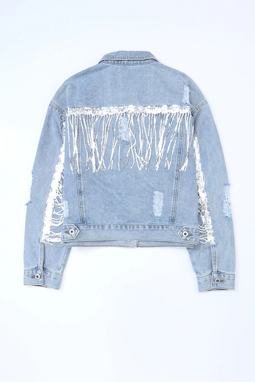 Sequin Fringe Trim Distressed Button Up Denim Jacket - Image 8