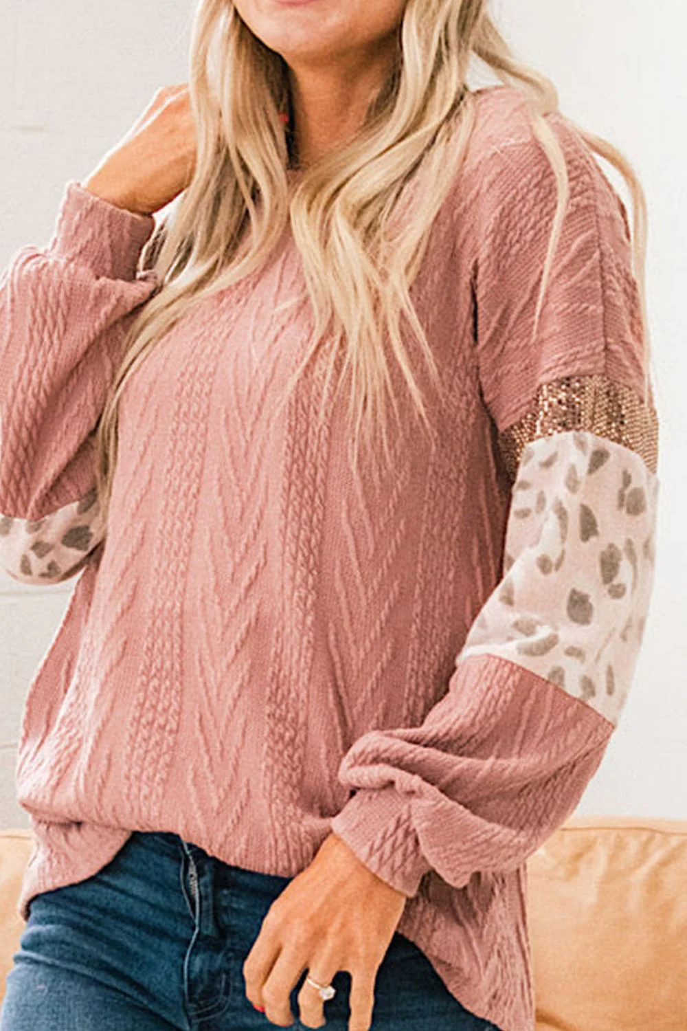 Sequin Leopard Round Neck Long Sleeve Sweater - Image 2