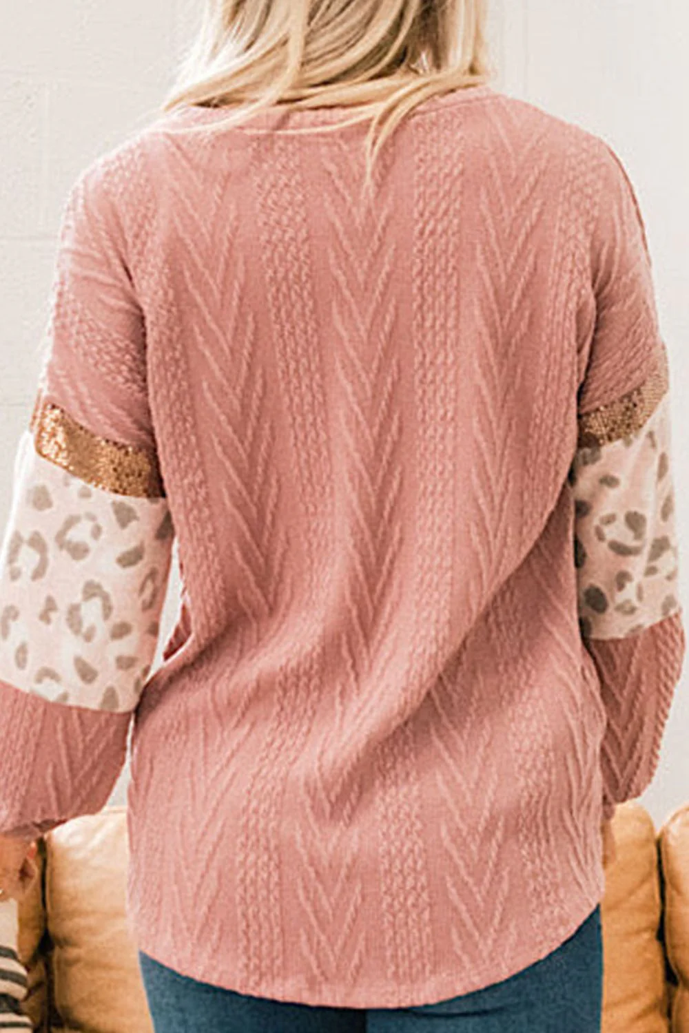 Sequin Leopard Round Neck Long Sleeve Sweater - Image 3