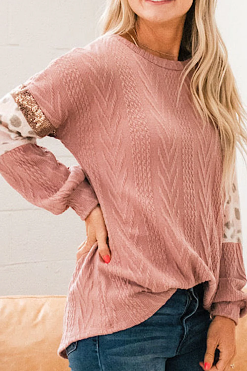 Sequin Leopard Round Neck Long Sleeve Sweater - Image 4