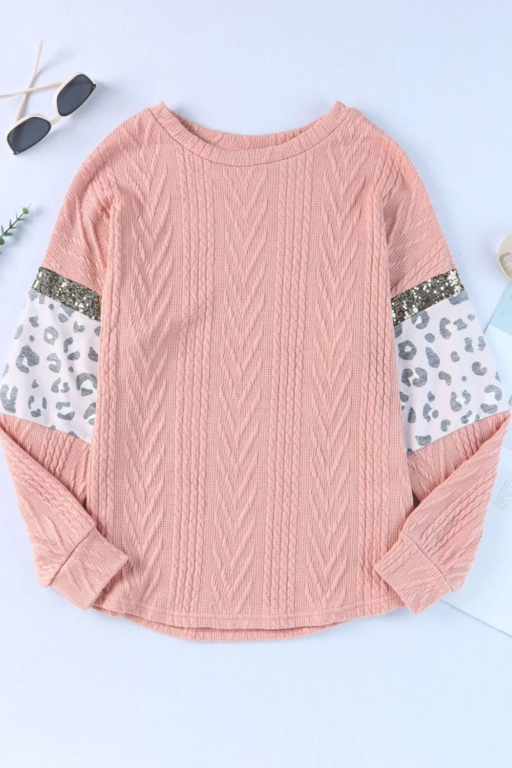 Sequin Leopard Round Neck Long Sleeve Sweater - Image 5