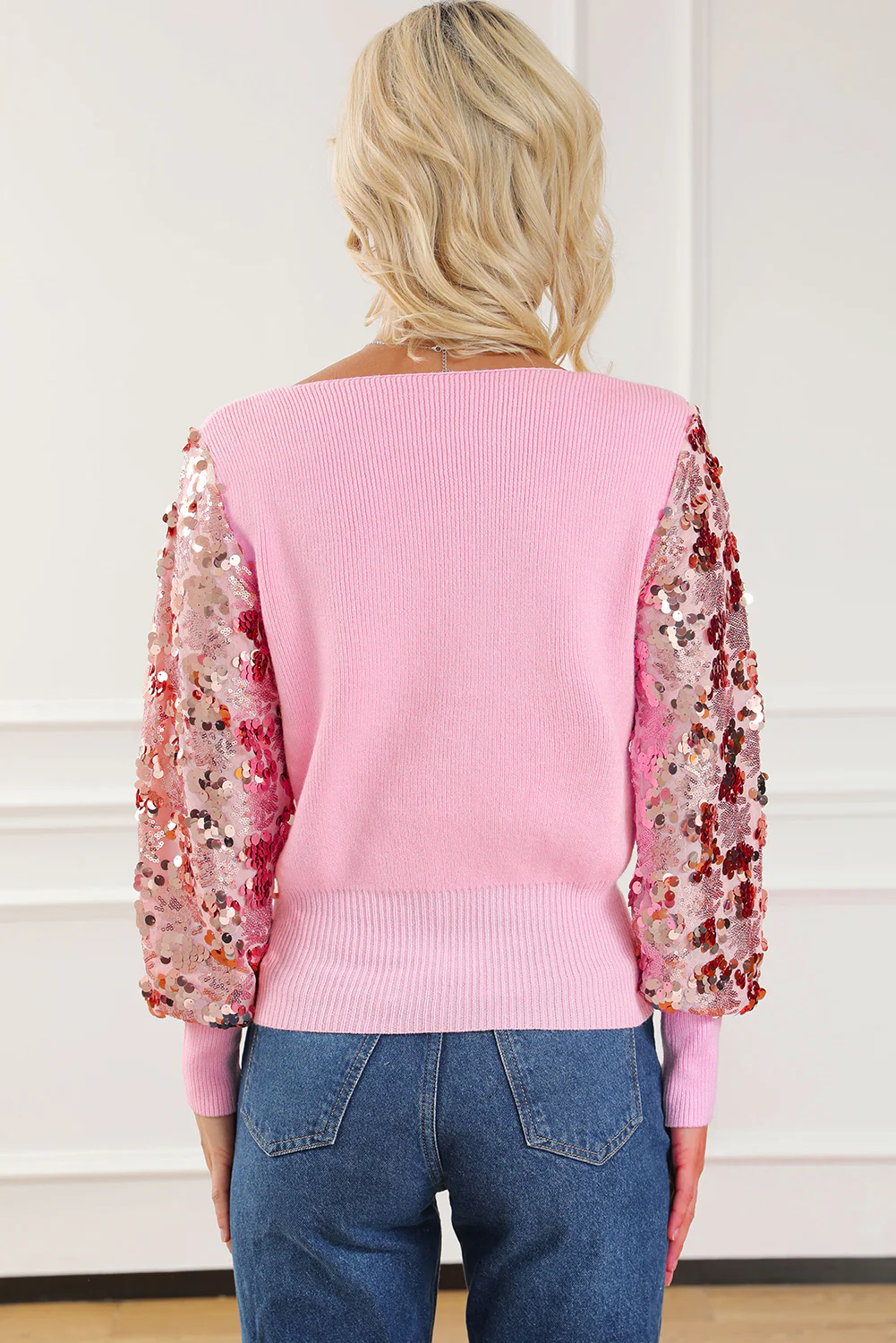 Sequin Long Sleeve V-Neck Sweater - Image 2