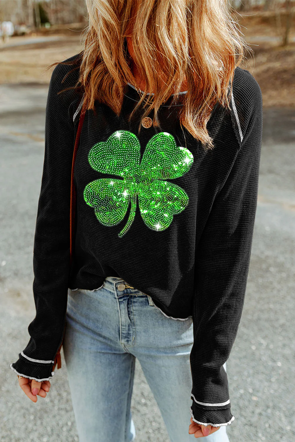 Sequin Lucky Clover Lettuce Trim Long Sleeve Top - Image 3