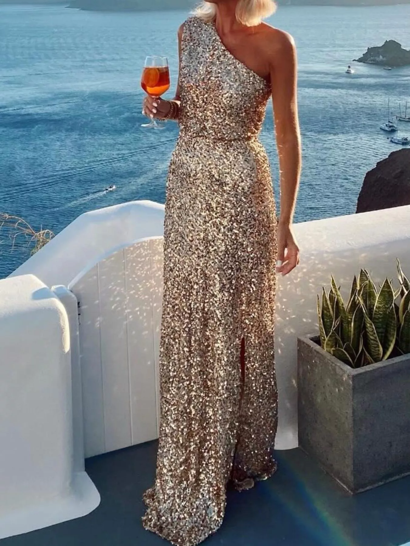 Sequin One-Shoulder Slit Maxi Dress - Image 3