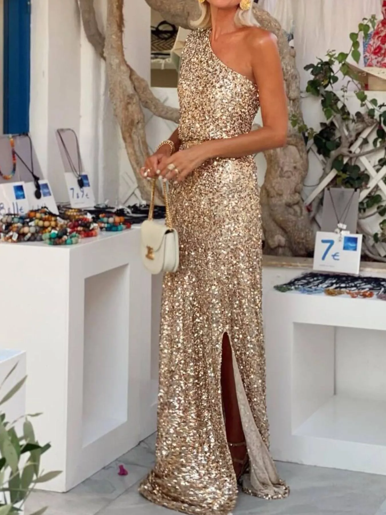 Sequin One-Shoulder Slit Maxi Dress - Image 4