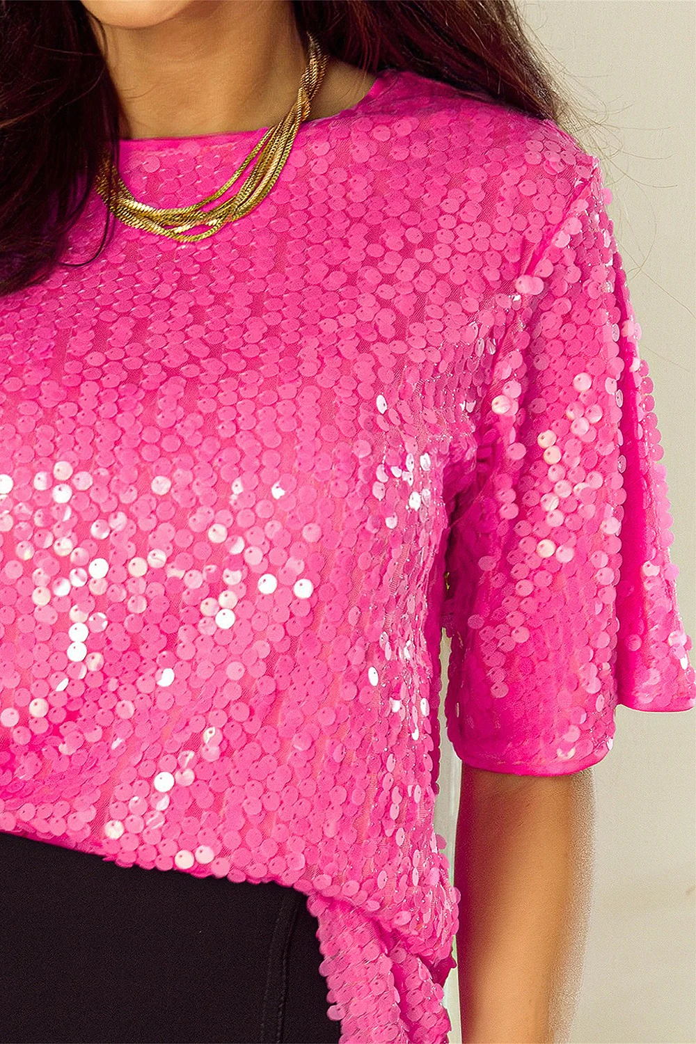 Sequin Round Neck Half Sleeve Blouse - Image 4