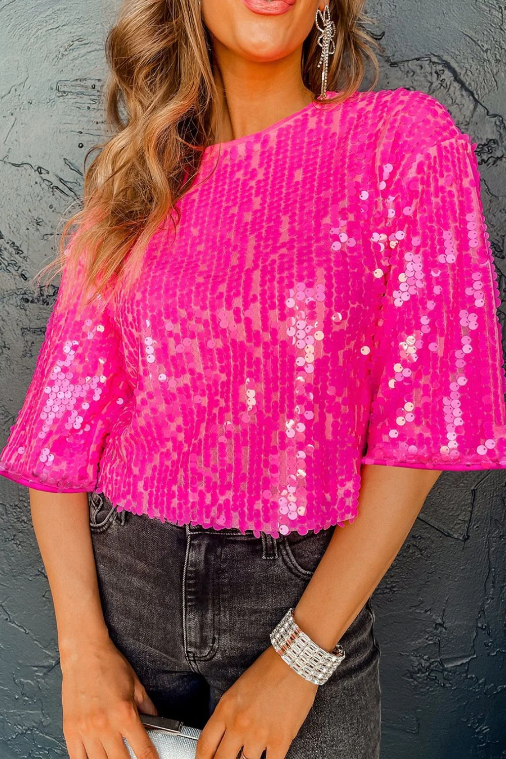 Sequin Round Neck Half Sleeve Blouse - Image 5
