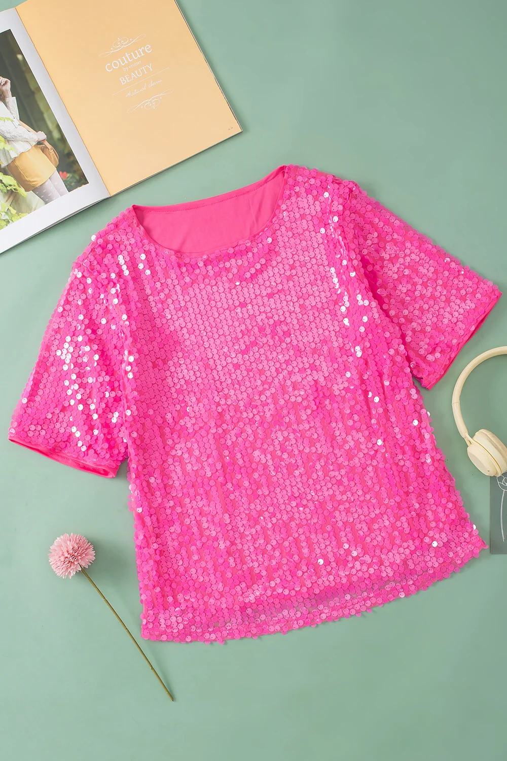 Sequin Round Neck Half Sleeve Blouse - Image 7