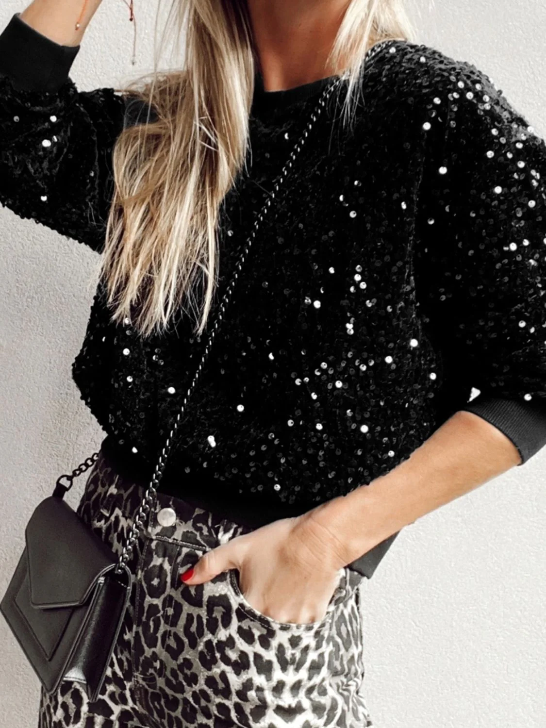 Sequin Round Neck Long Sleeve Blouse - Image 2