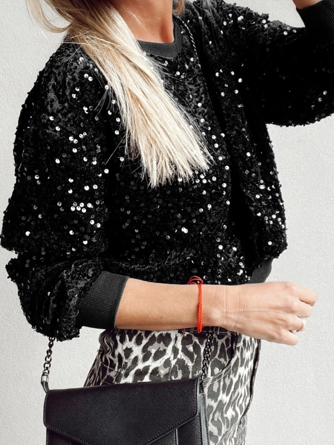 Sequin Round Neck Long Sleeve Blouse - Image 3