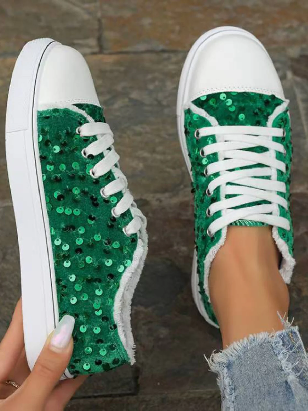 Sequin Round Toe Flat Sneakers - Image 10