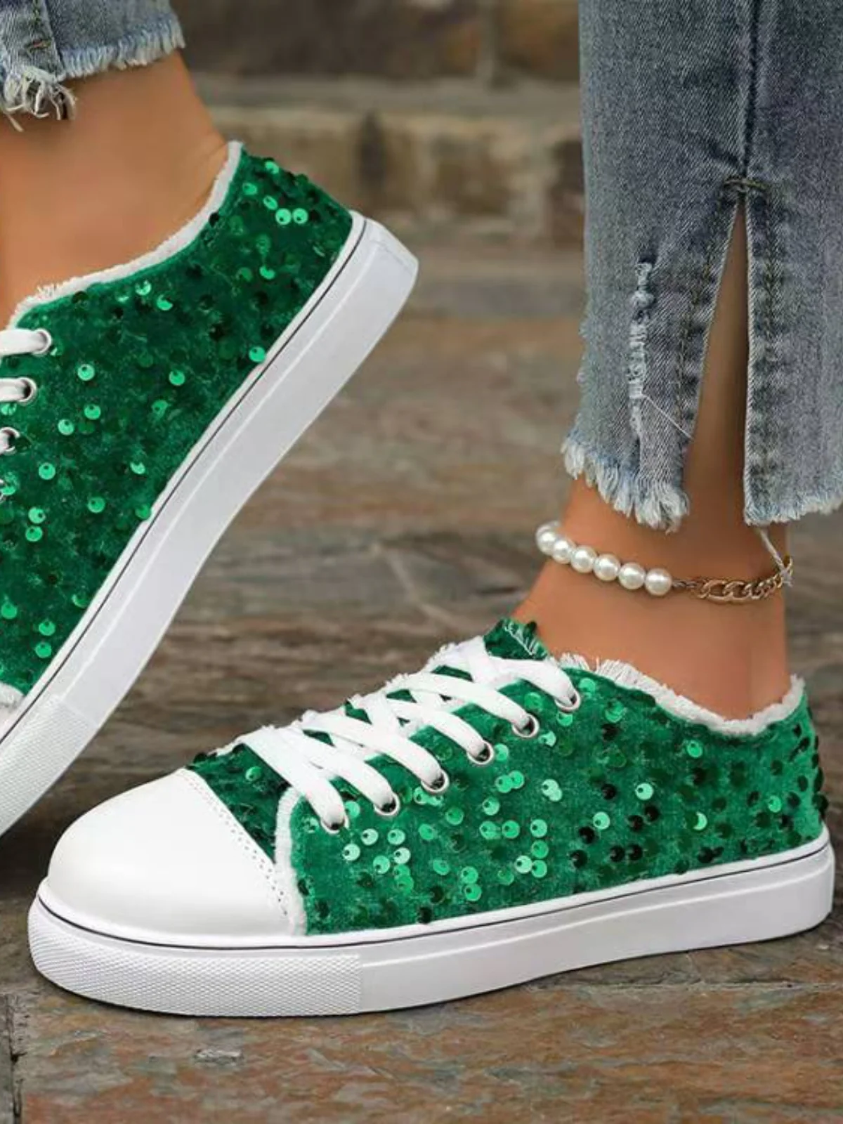 Sequin Round Toe Flat Sneakers - Image 11