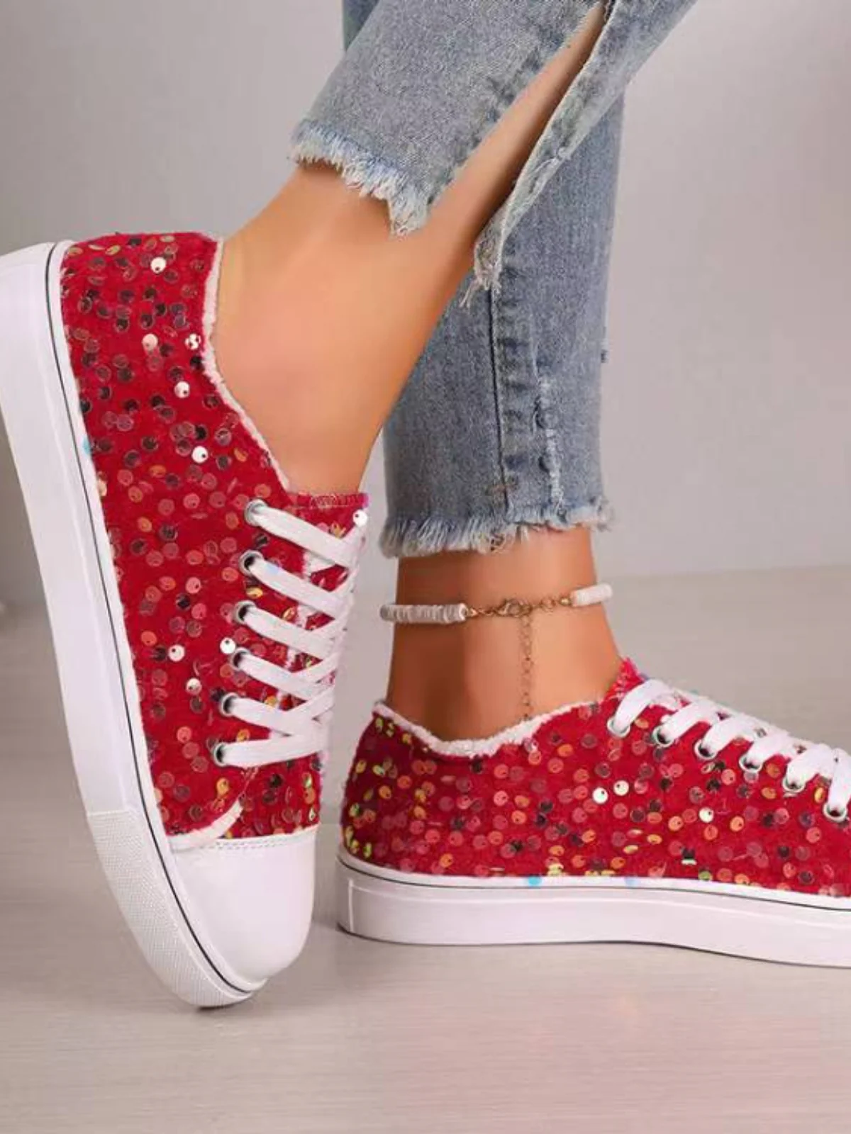 Sequin Round Toe Flat Sneakers - Image 3