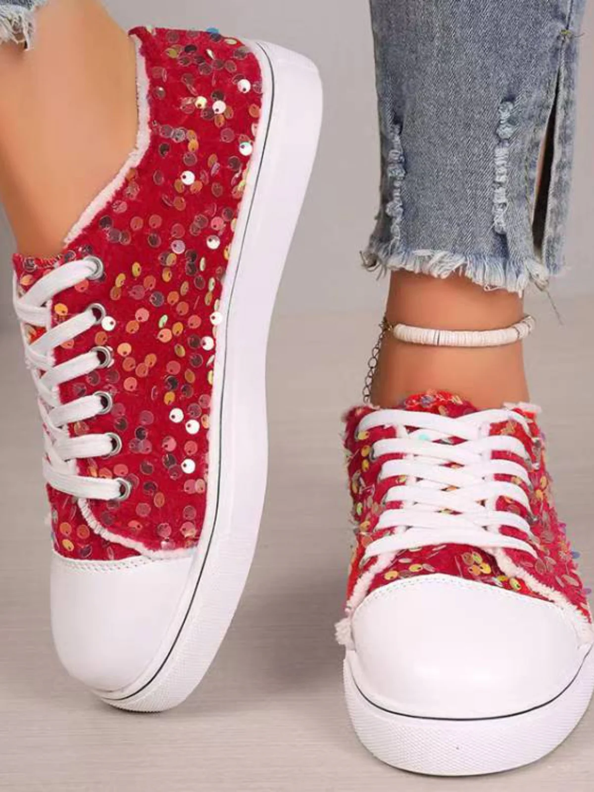 Sequin Round Toe Flat Sneakers - Image 4
