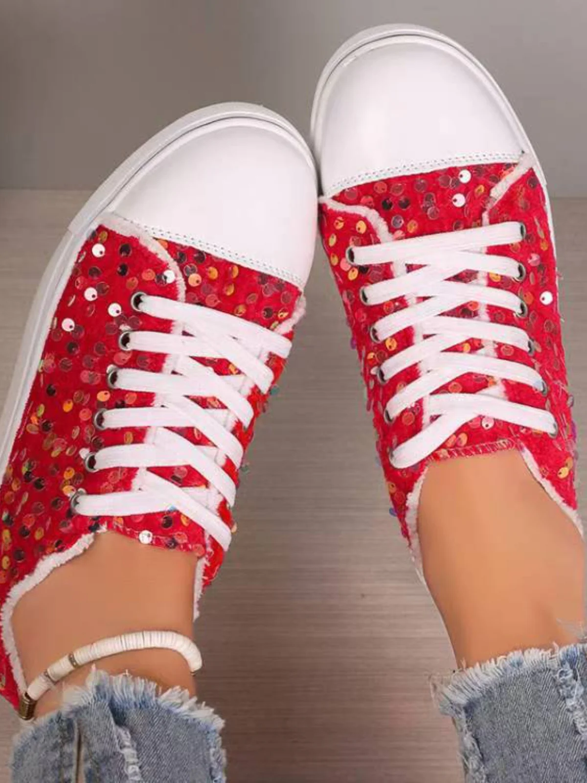 Sequin Round Toe Flat Sneakers - Image 5
