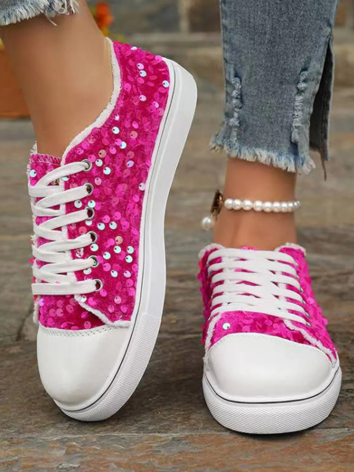 Sequin Round Toe Flat Sneakers - Image 6