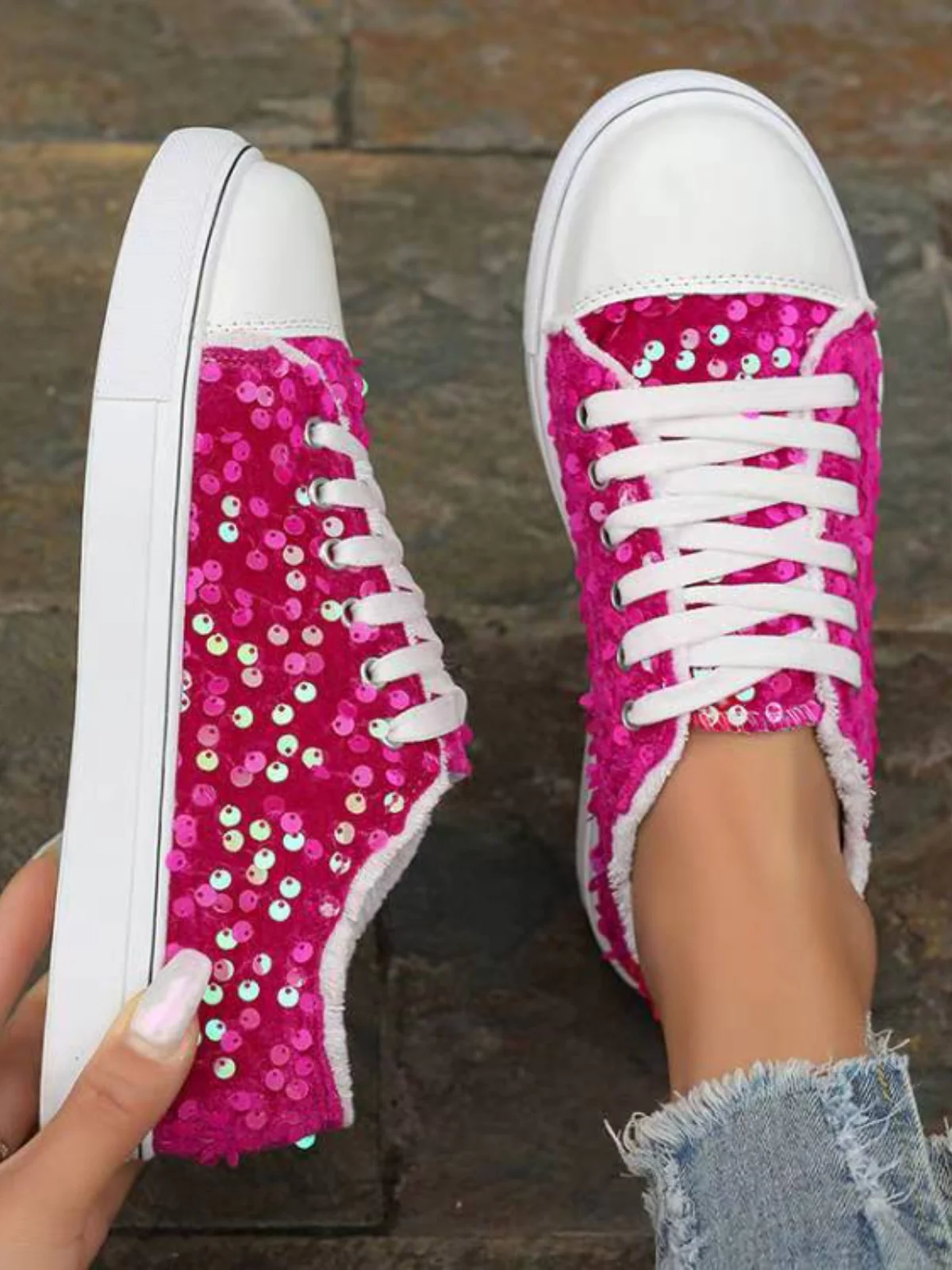 Sequin Round Toe Flat Sneakers - Image 7