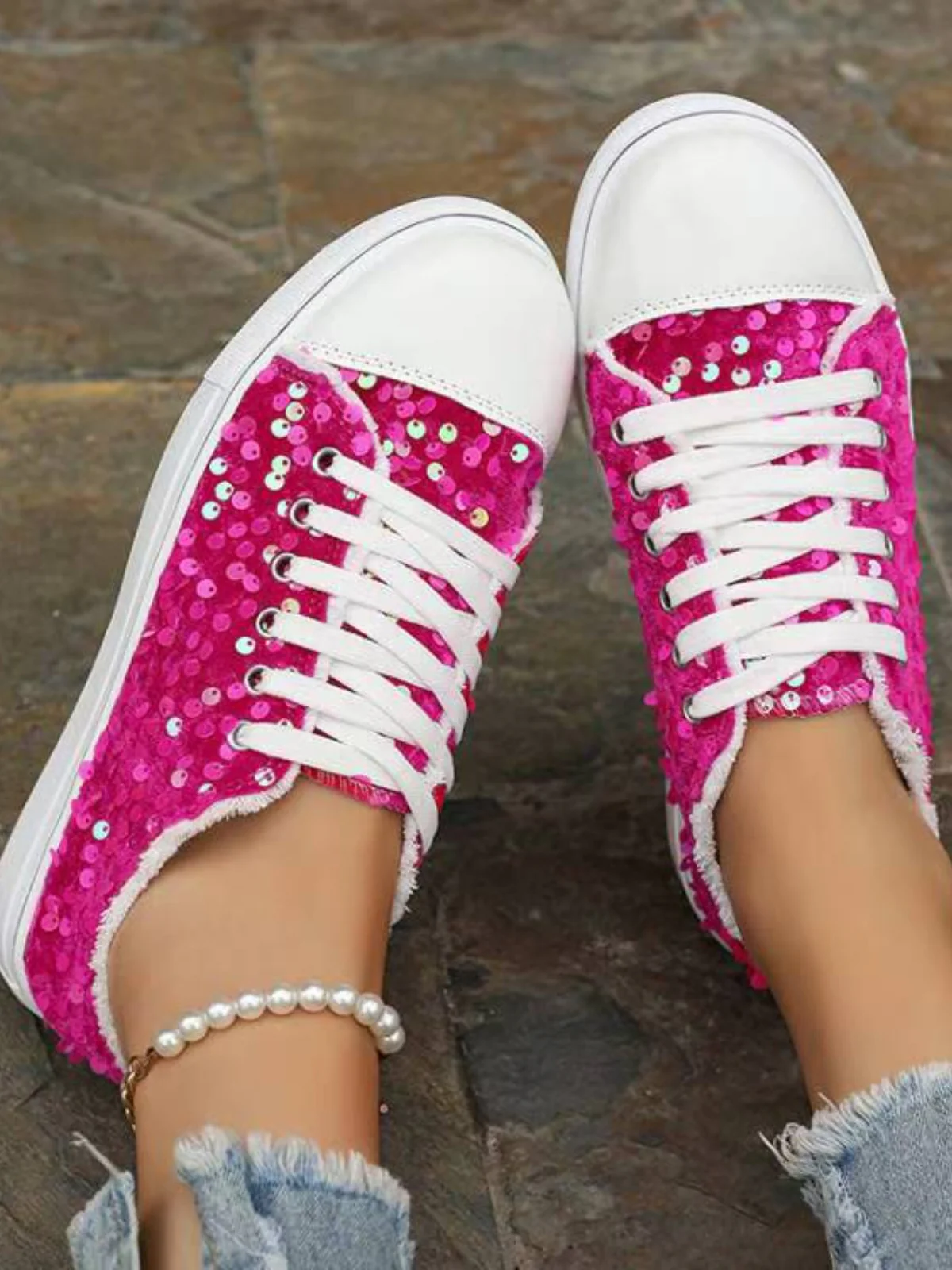 Sequin Round Toe Flat Sneakers - Image 8