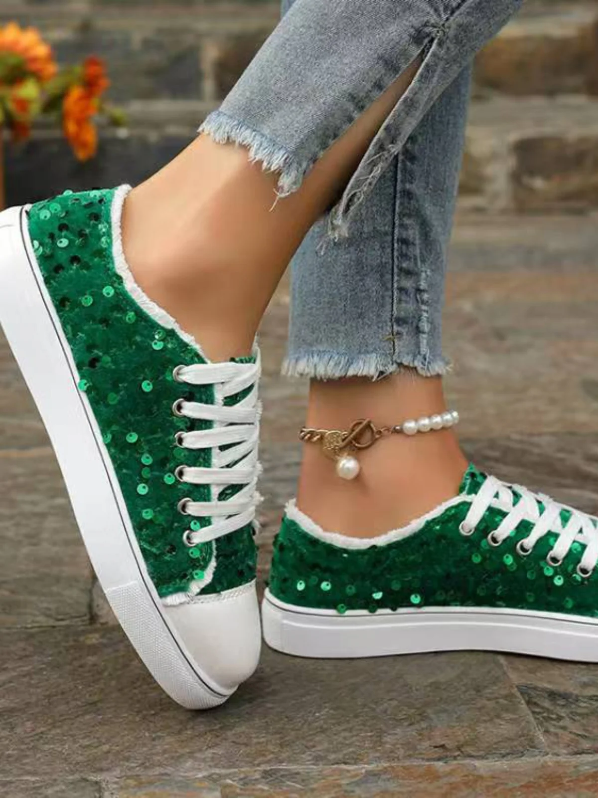 Sequin Round Toe Flat Sneakers - Image 9