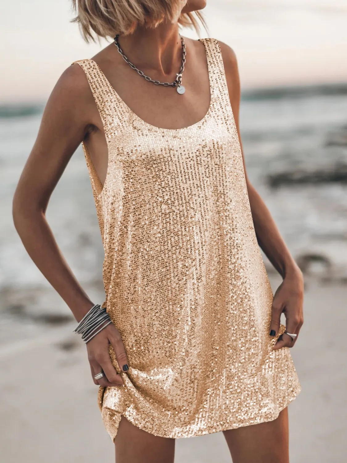 Sequin Scoop Neck Mini Dress - Image 10