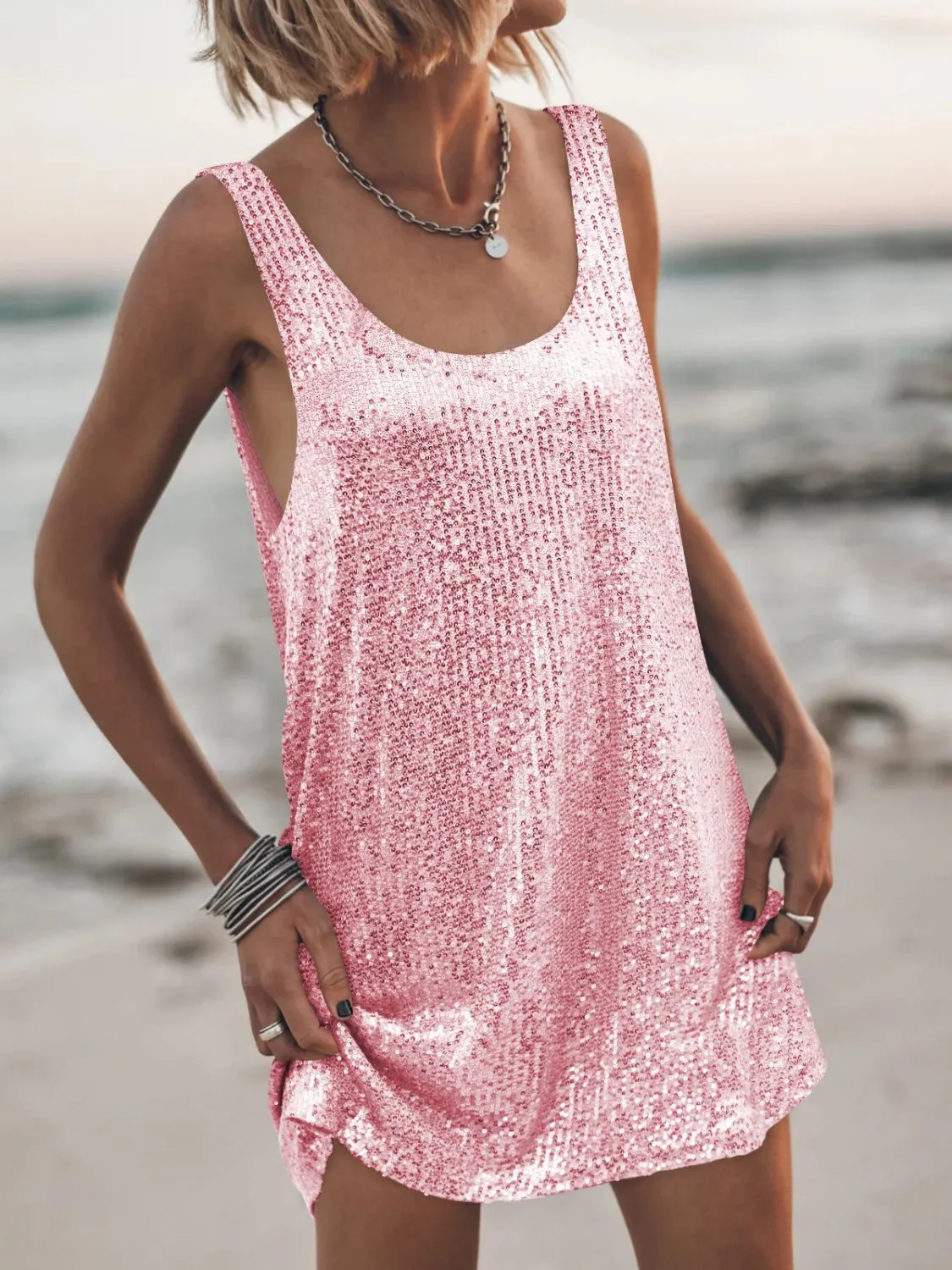 Sequin Scoop Neck Mini Dress - Image 14