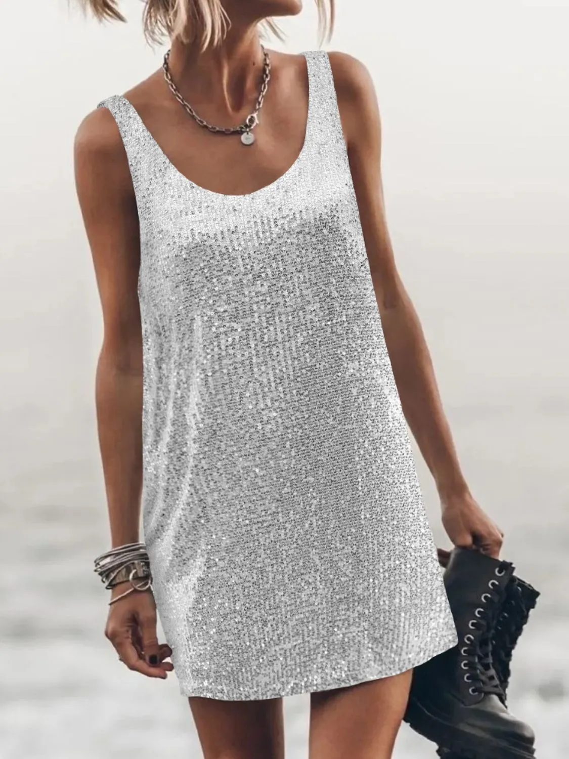 Sequin Scoop Neck Mini Dress - Image 17