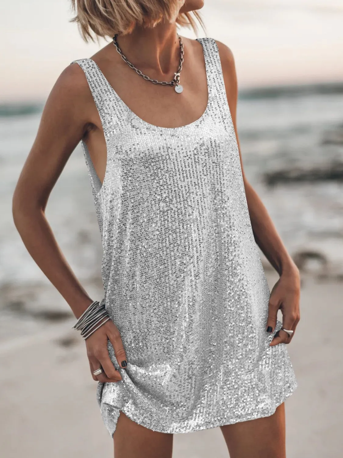 Sequin Scoop Neck Mini Dress - Image 18