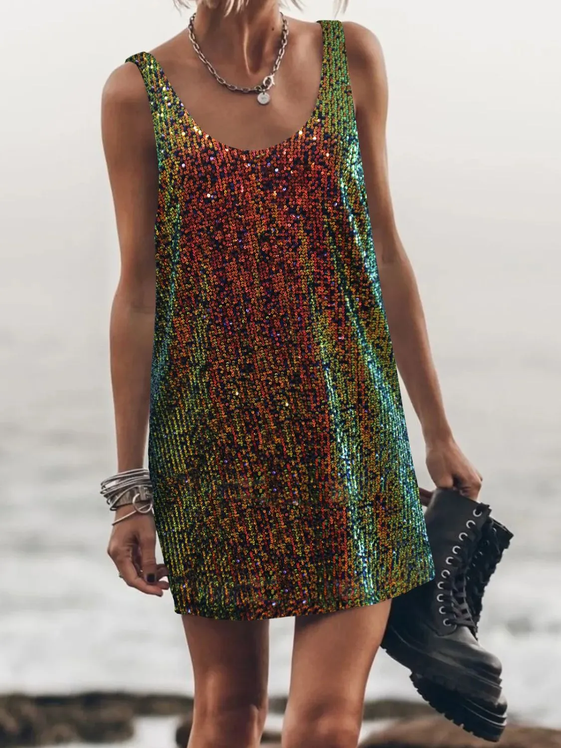Sequin Scoop Neck Mini Dress - Image 2