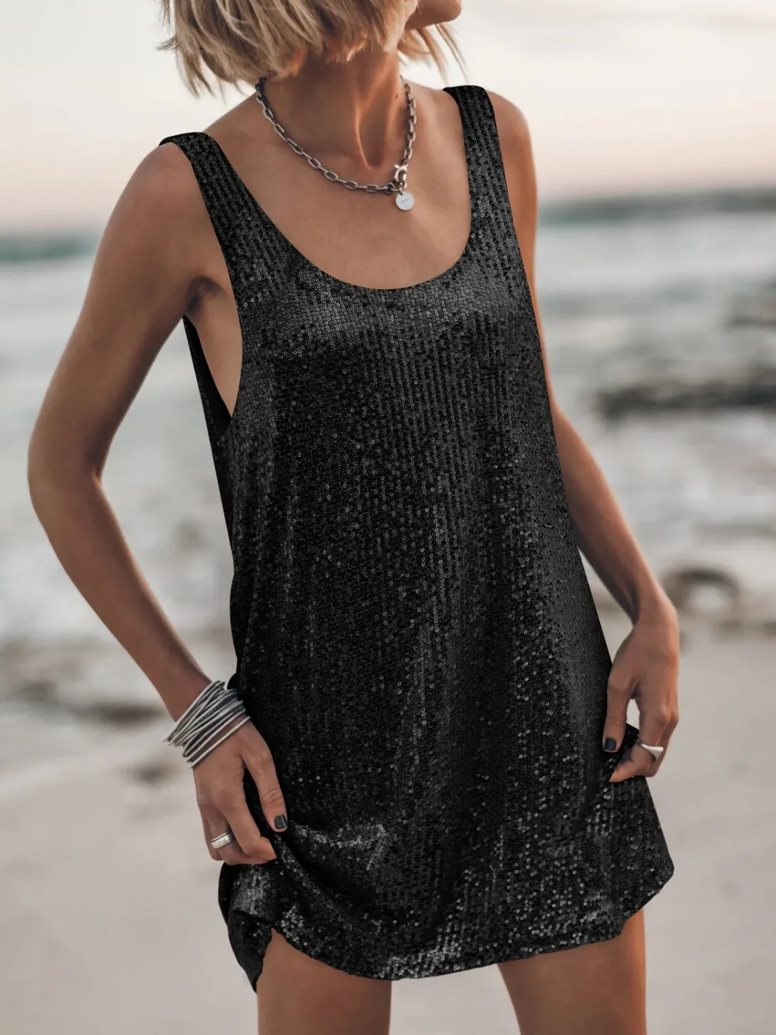 Sequin Scoop Neck Mini Dress - Image 21