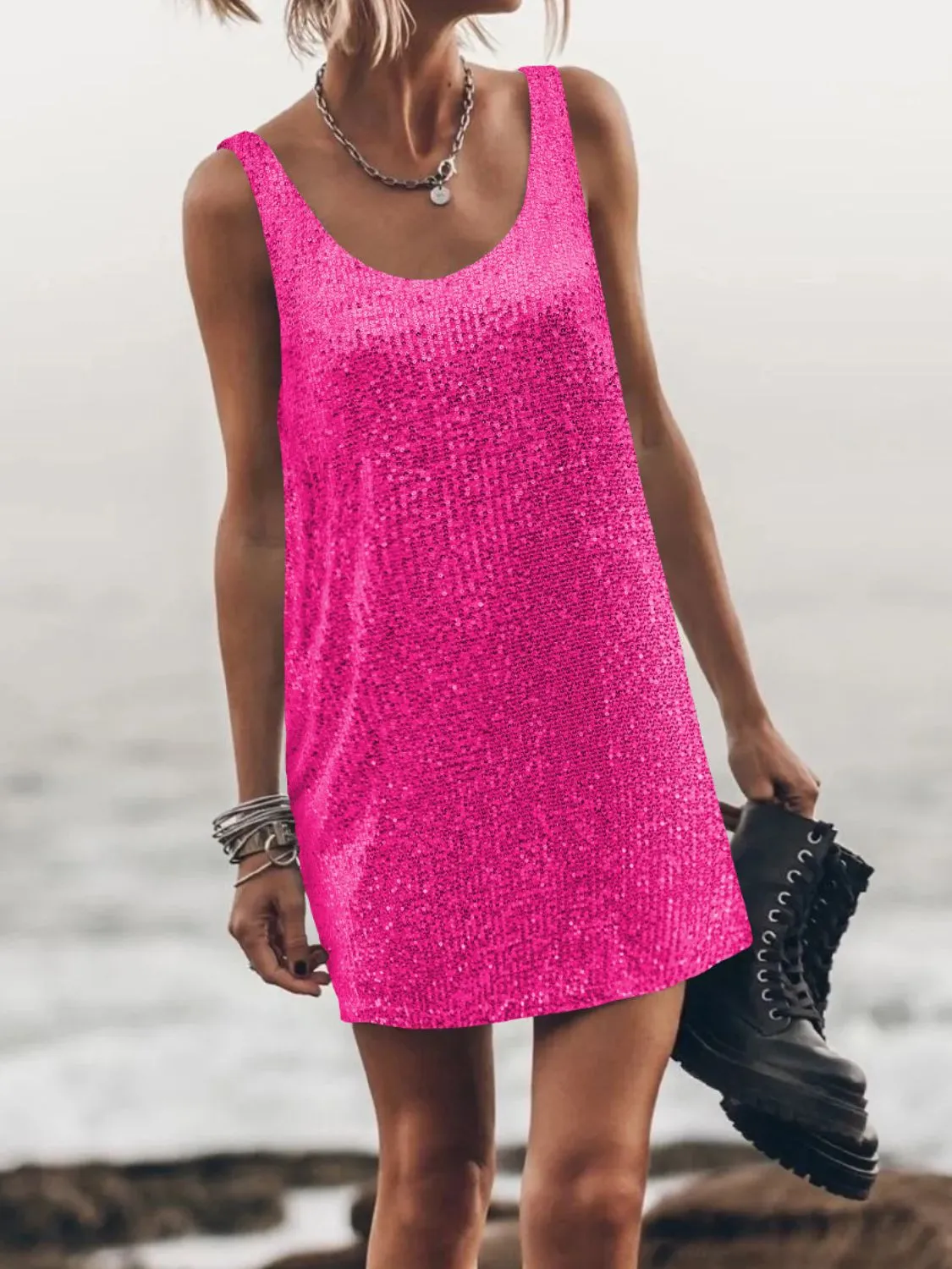 Sequin Scoop Neck Mini Dress - Image 5