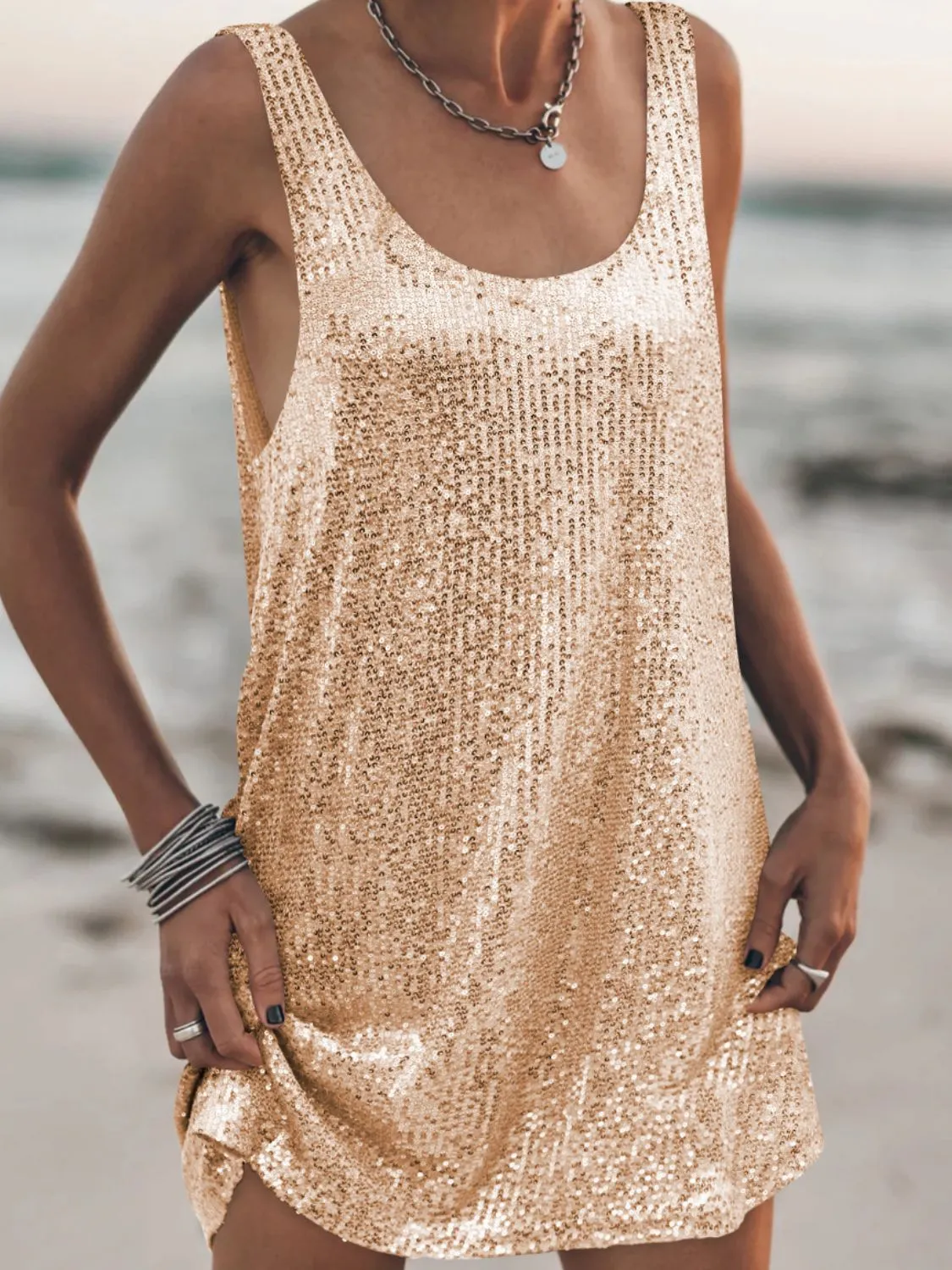 Sequin Scoop Neck Mini Dress - Image 8