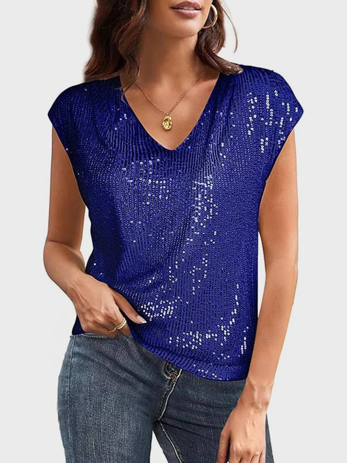 Sequin V-Neck Cap Sleeve Top - Image 10