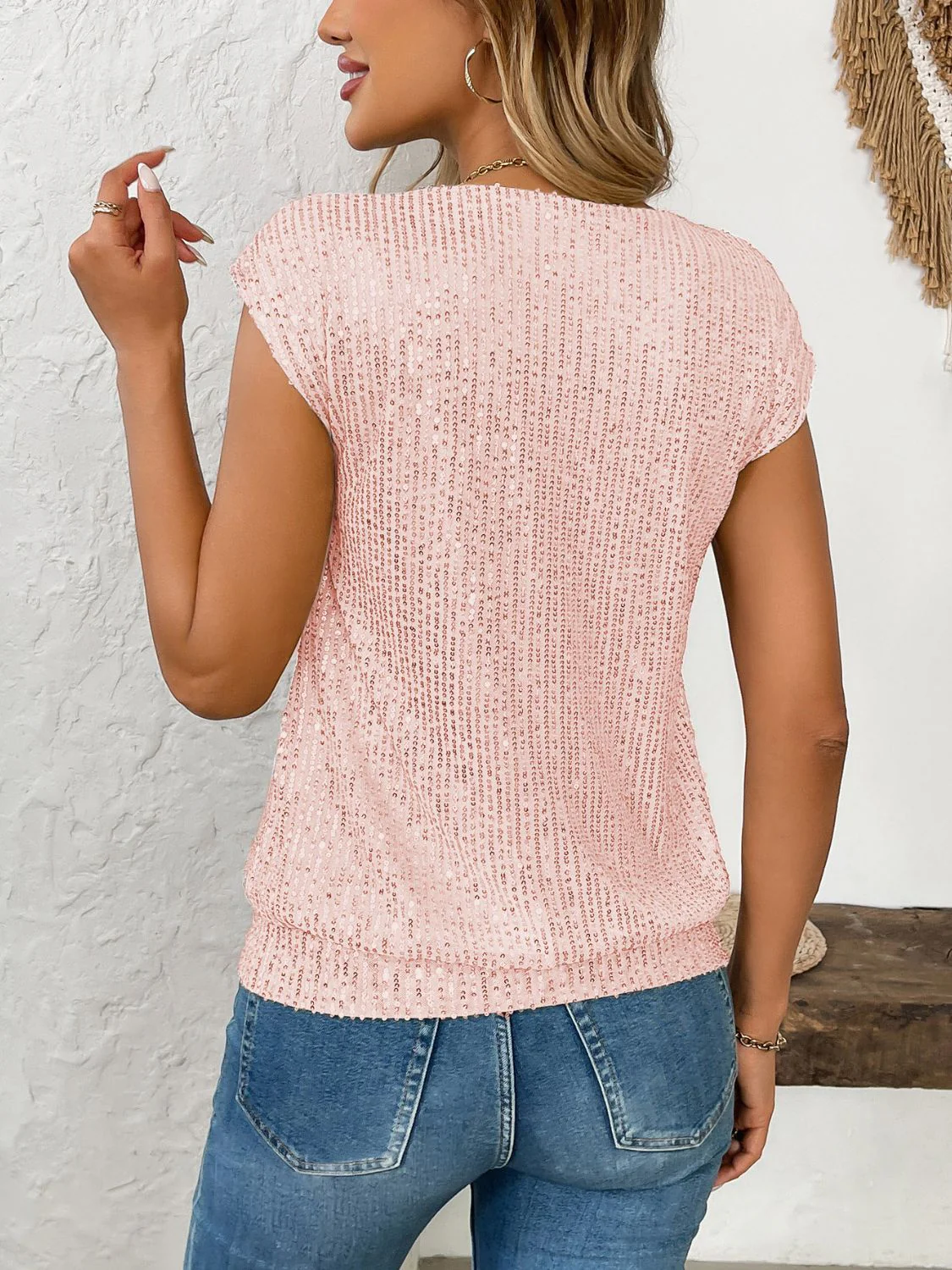 Sequin V-Neck Cap Sleeve Top - Image 17