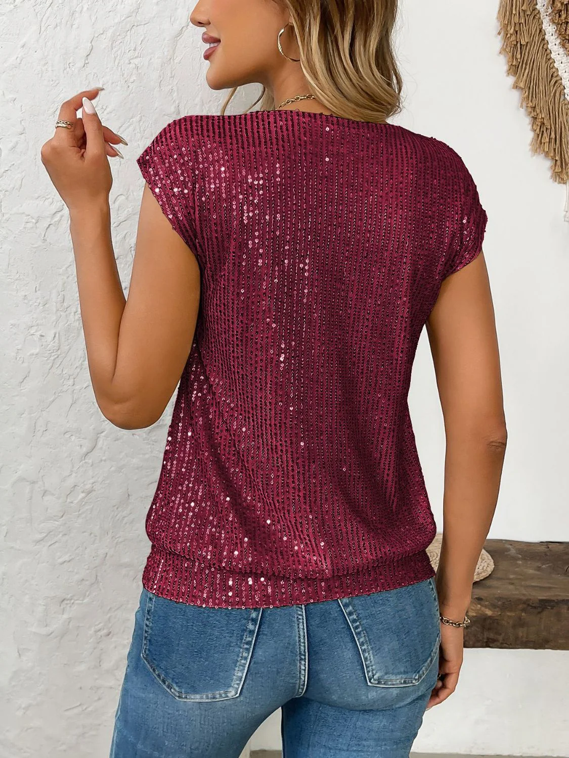 Sequin V-Neck Cap Sleeve Top - Image 2