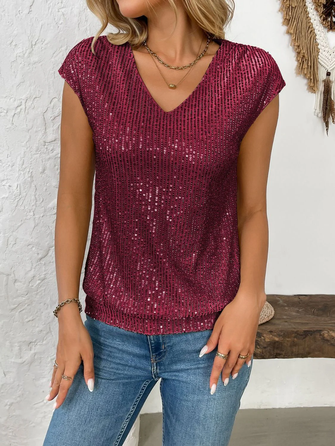 Sequin V-Neck Cap Sleeve Top - Image 4